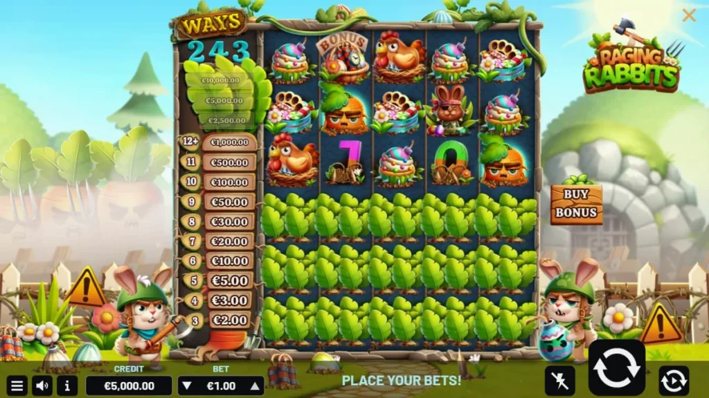 Raging Rabbits slot game interface featuring cartoon rabbits in a military setting