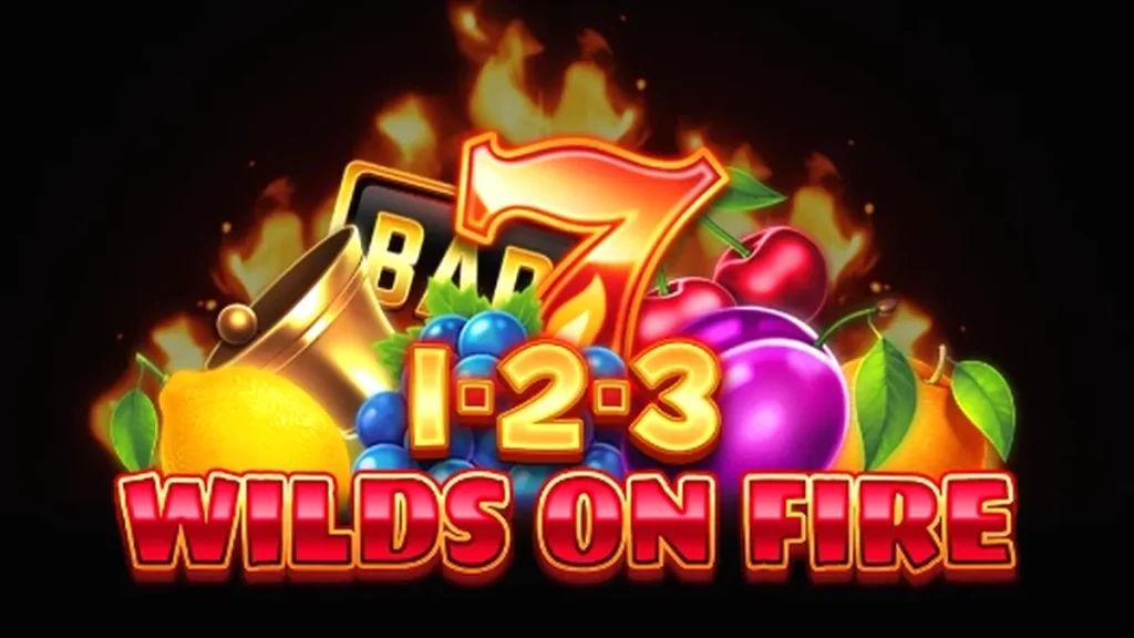 Tampilan mesin slot 1-2-3 Wilds on Fire dengan simbol buah dan Wild yang terbakar