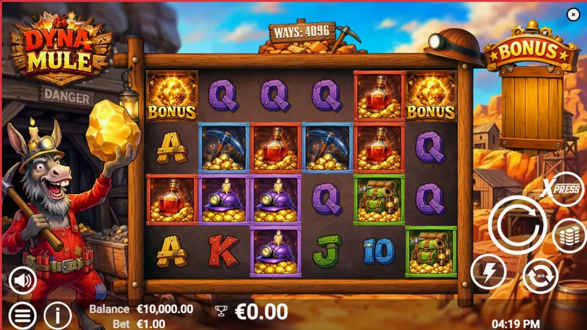 Tampilan visual slot Dyna Mule dengan tema tambang dan simbol wild yang meledak