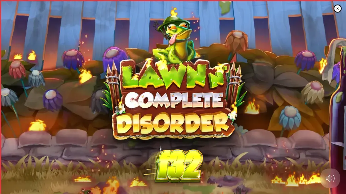 Tampilan visual slot Lawn N’ Complete Disorder dengan tema taman yang terbakar dan gnome.